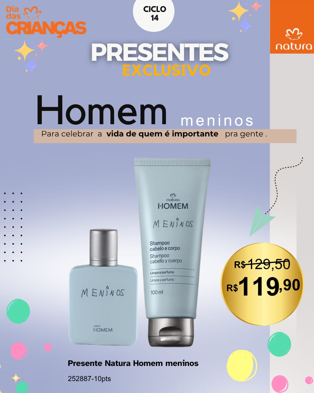 Presente Natura Homem Meninos — colônia e shampoo